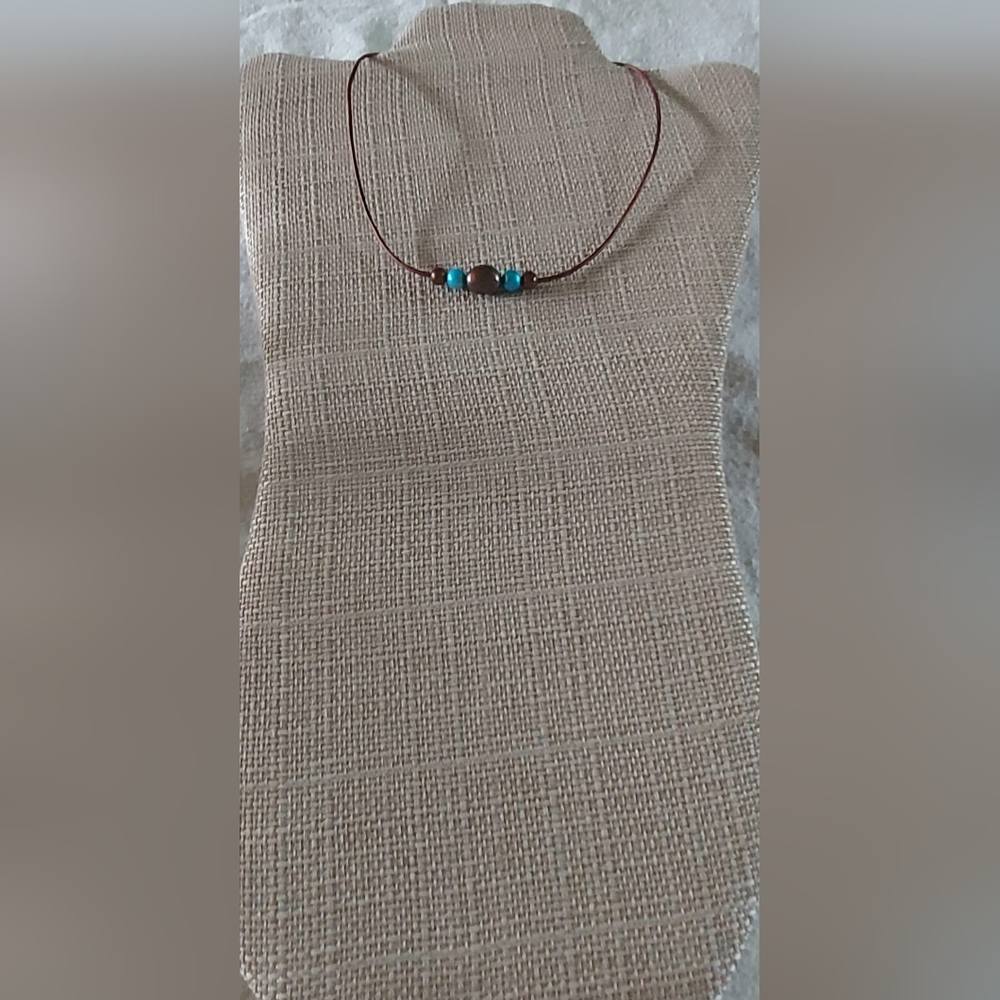 Handmade Turquoise & Brown Peacock Pearl & Brown Leather Necklace